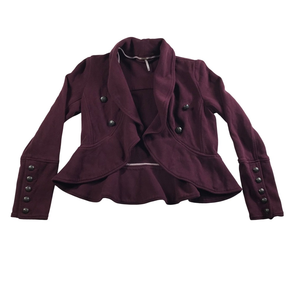 Free People Burgundy Peplum Knit Blazer Shawl Collar Crest Button Jacket XS